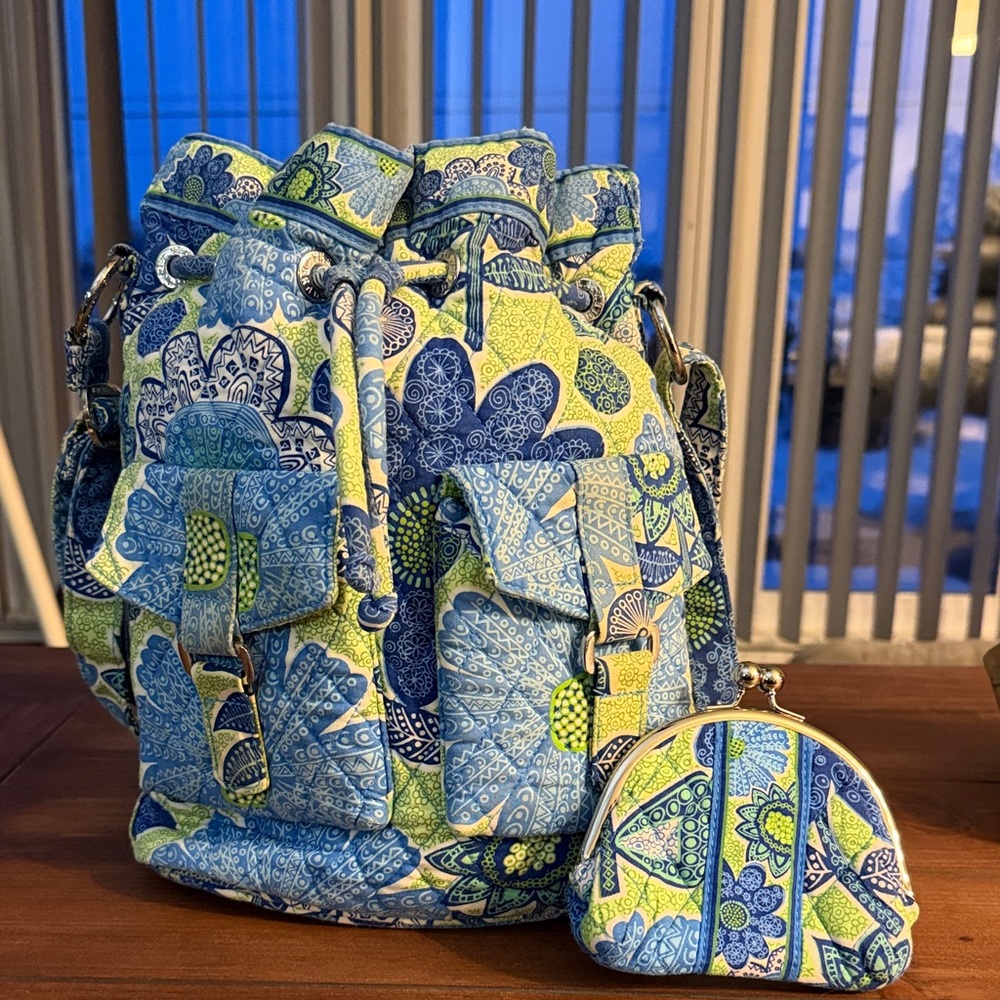 Vera Bradley Blue and Green Floral Shoulder Bucket Bag